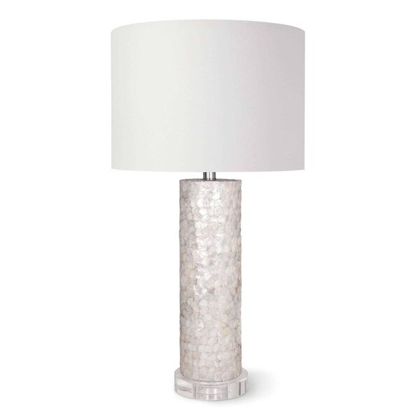 White scalloped capiz lamp with crystal base